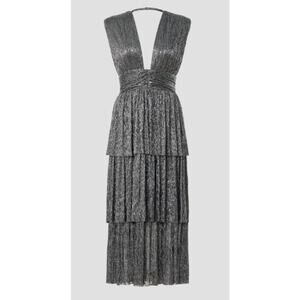 Sabina Musayev Silver Metallic Tiered Gown XS